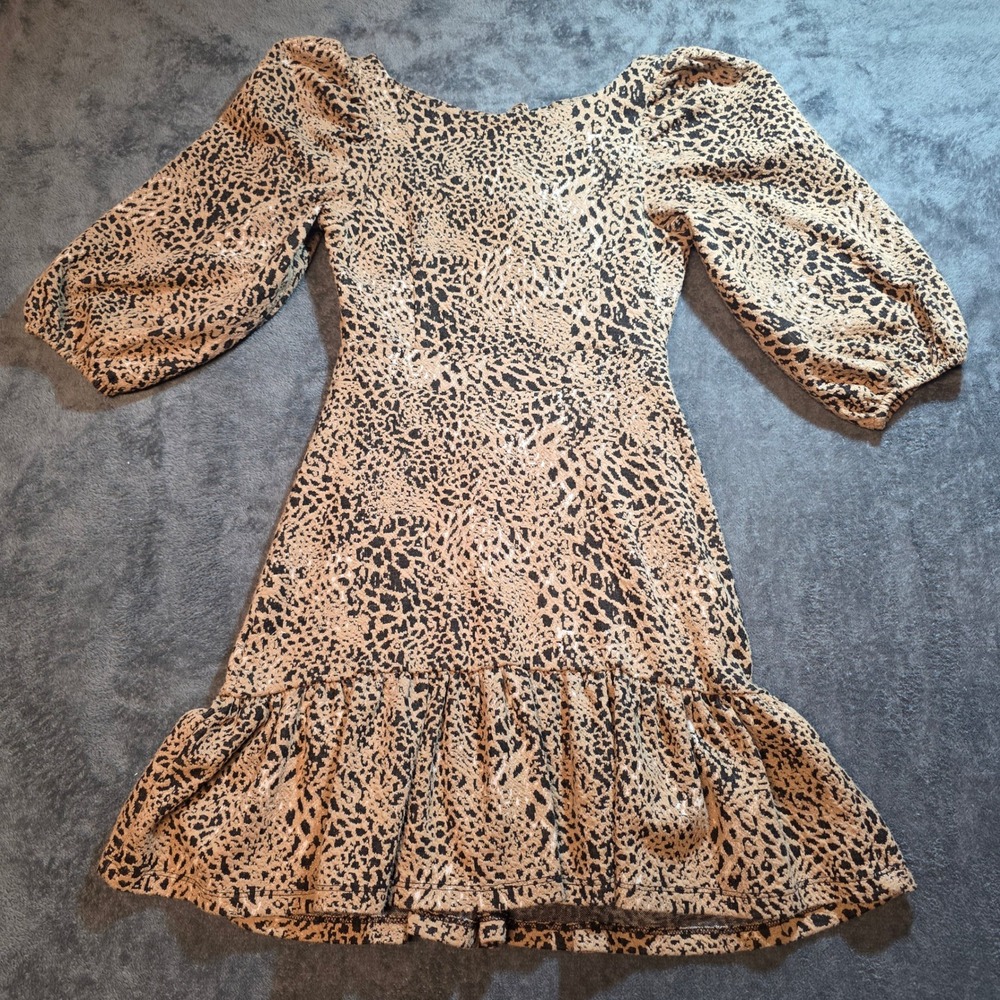 Maeve Mini Dress Womens 2P Anthropologie Leopard Print Puff Sleeve Cutout Back